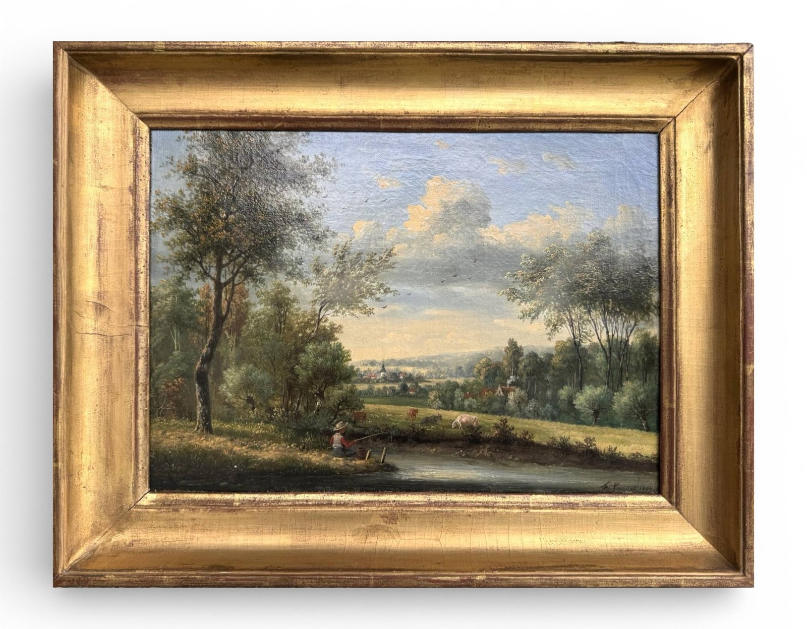 Antique 1864 French Landscape Painting “The Little Fisherman” – Signed, Museum Quality
